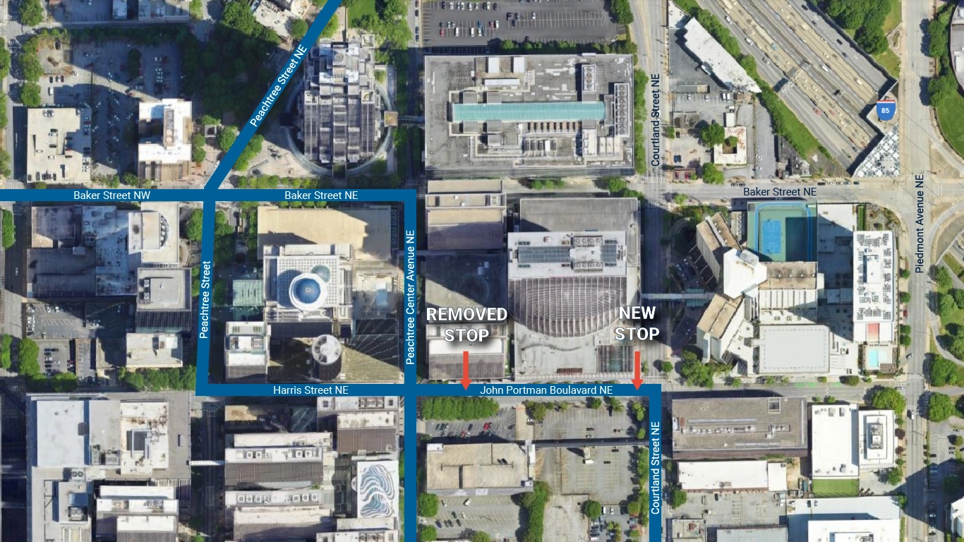Bus stop change on John Portman Boulevard