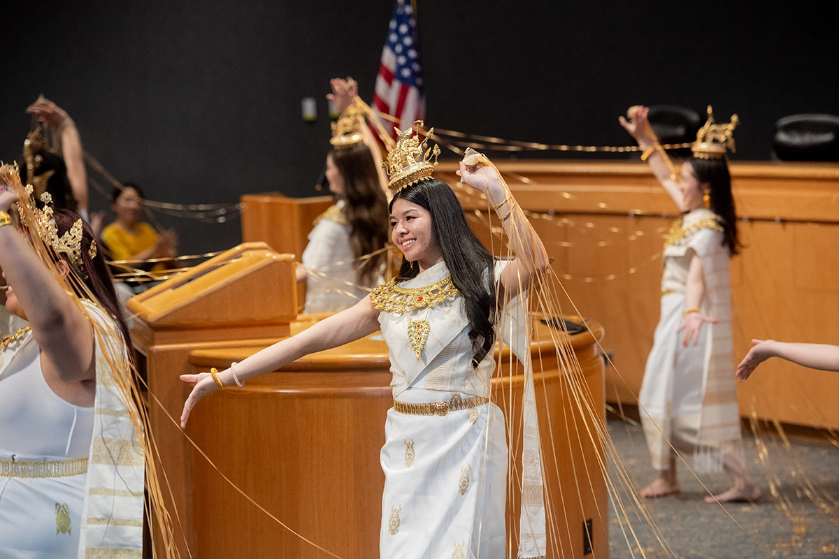 Female dancers perfoming at the Asian American and Pacific Islander Celebration