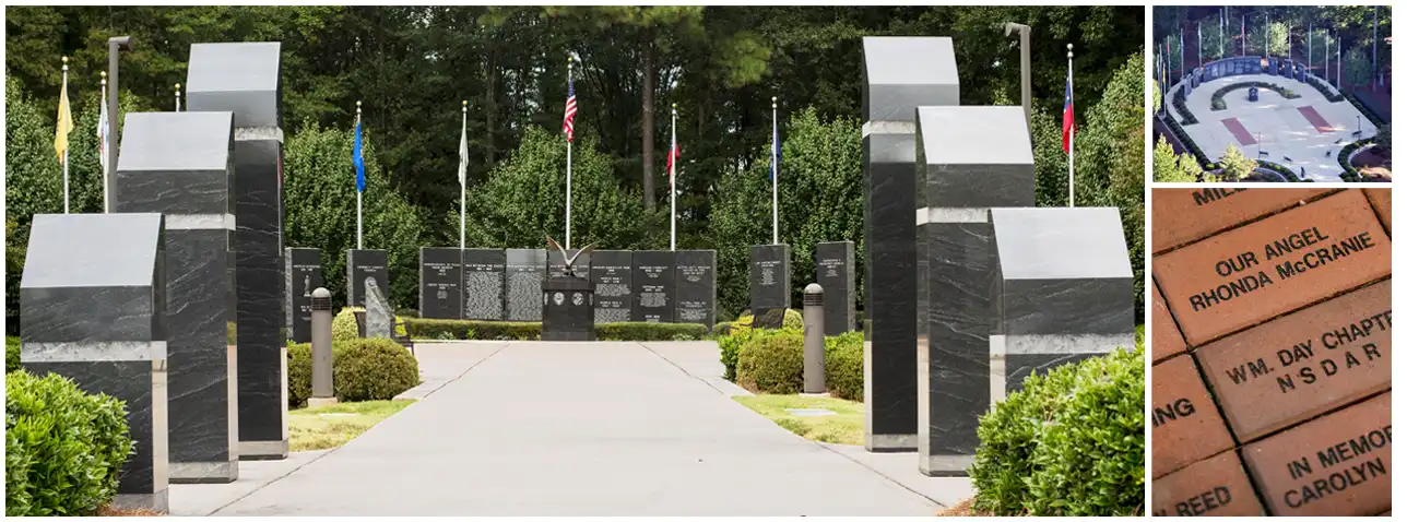 Image of the memorial as viewed from the entrance garden.