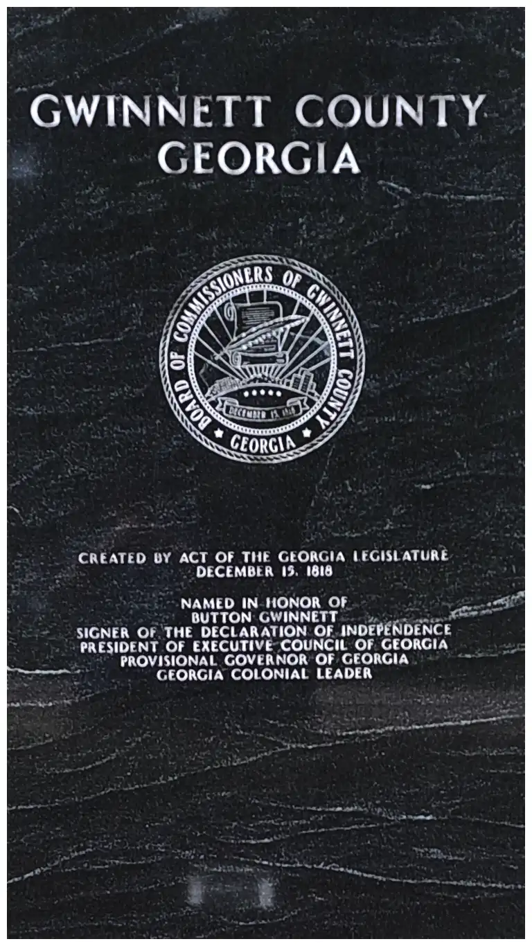 Image of Marker #3 honoring Gwinnett County's namesake as well as its date of creation.