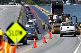 construction crew working on shoulder of road